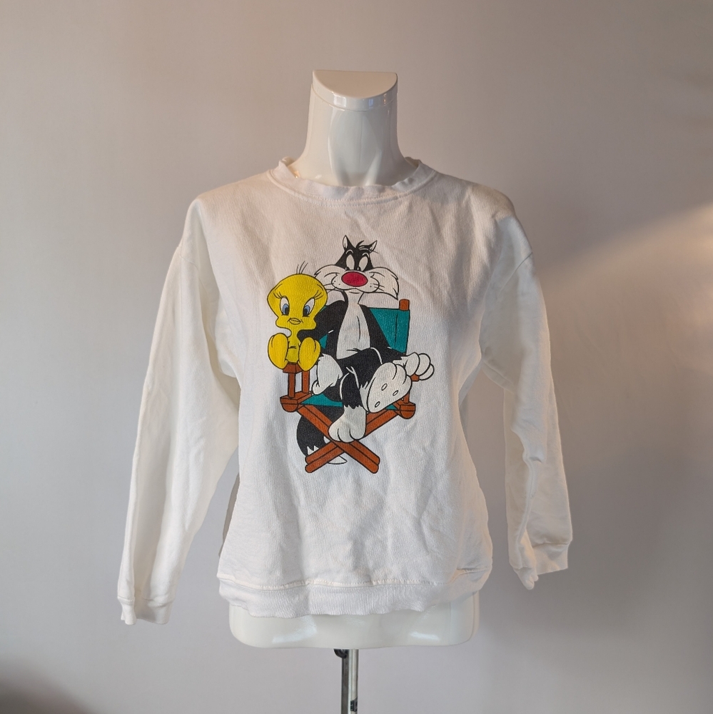 ACME White Kids Crewneck Sweater Looney Toons Silvester And Tweety Bird Size L